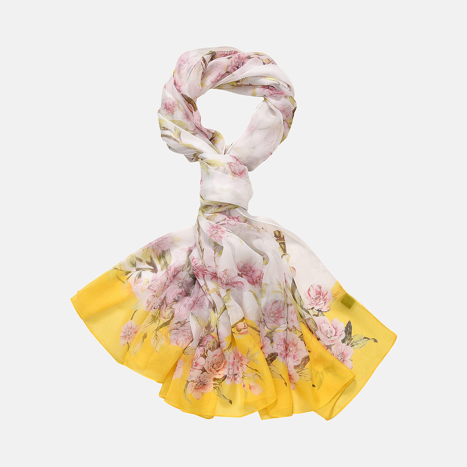 La Marey 100% Mulberry Silk Floral Printed Scarf (Size 180x110 cm) - Yellow