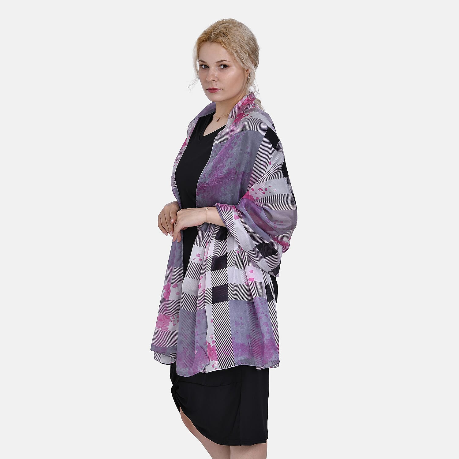 La Marey 100% Mulberry Silk Classic Plaid Printed Scarf (Size 180x110 cm) - Pink