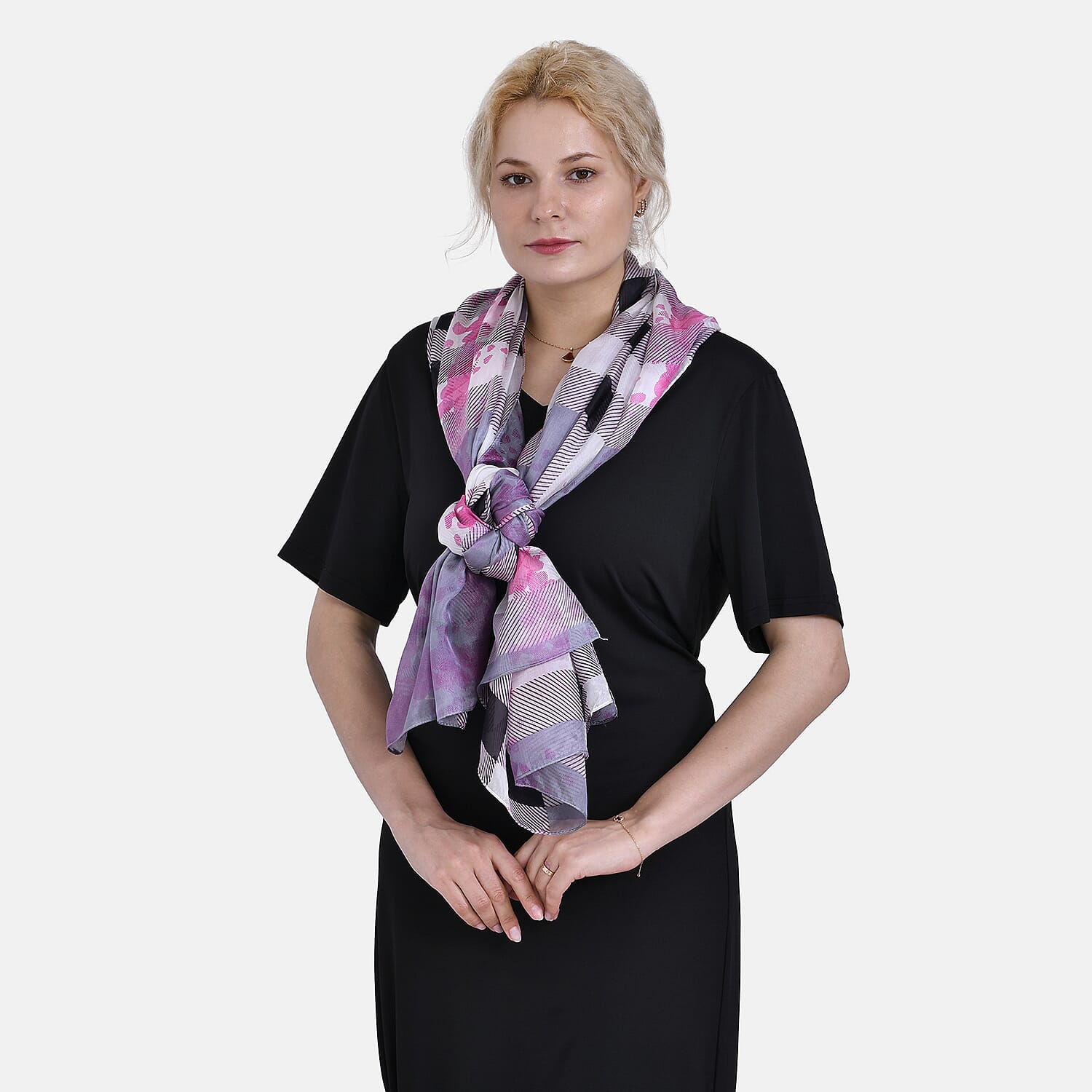 La Marey 100% Mulberry Silk Classic Plaid Printed Scarf (Size 180x110 cm) - Pink