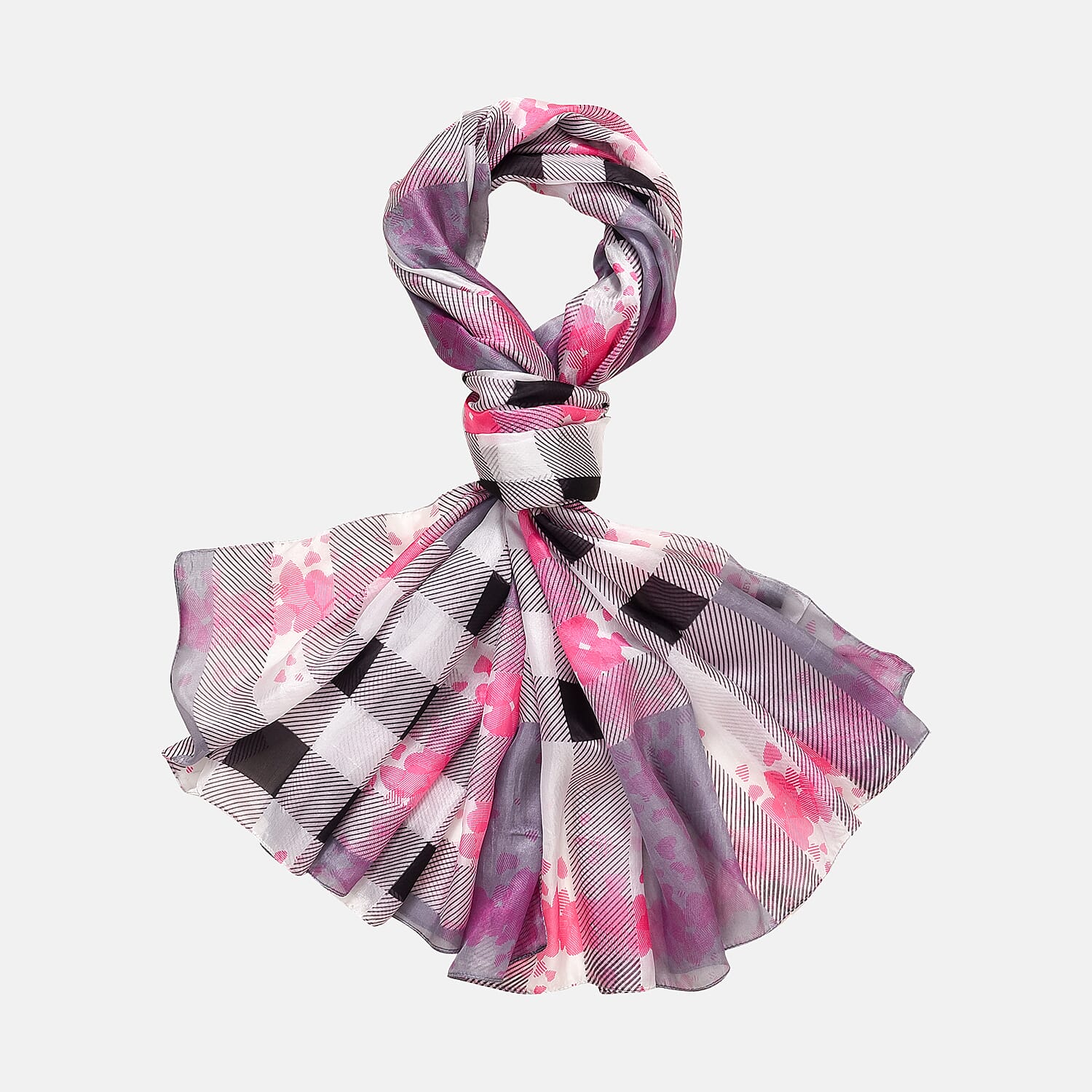 La Marey 100% Mulberry Silk Classic Plaid Printed Scarf (Size 180x110 cm) - Pink