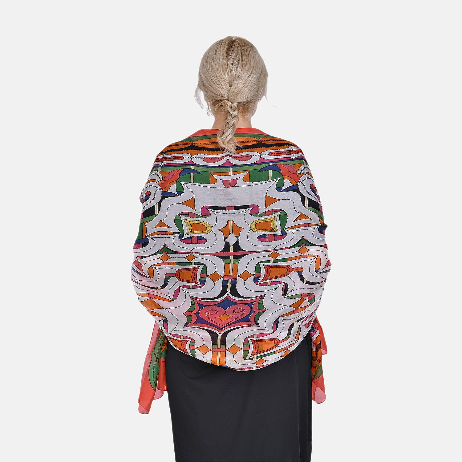 LA MAREY Intricate Colourful Pattern 100% Mulberry Silk Scarf (Size 180x110cm) - Red & Orange