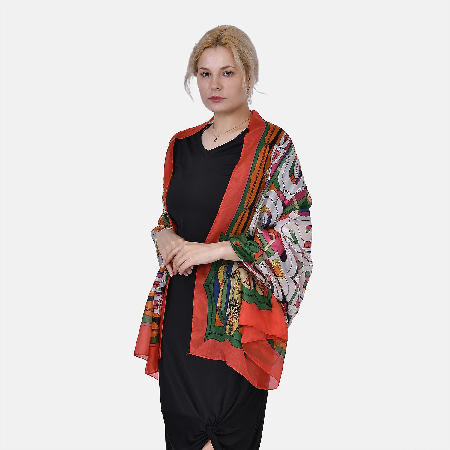 LA MAREY Intricate Colourful Pattern 100% Mulberry Silk Scarf (Size 180x110cm) - Red & Orange