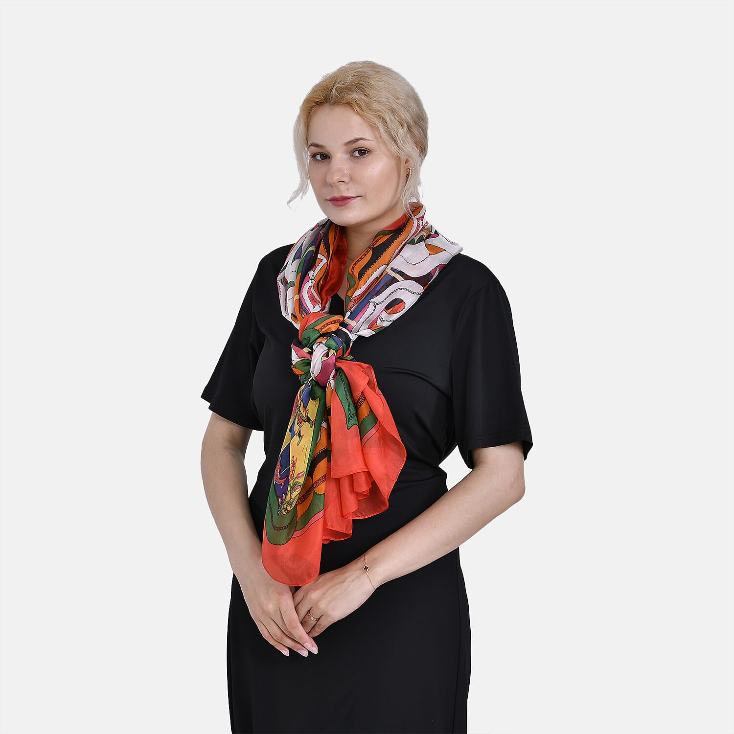 LA MAREY Intricate Colourful Pattern 100% Mulberry Silk Scarf (Size 180x110cm) - Red & Orange