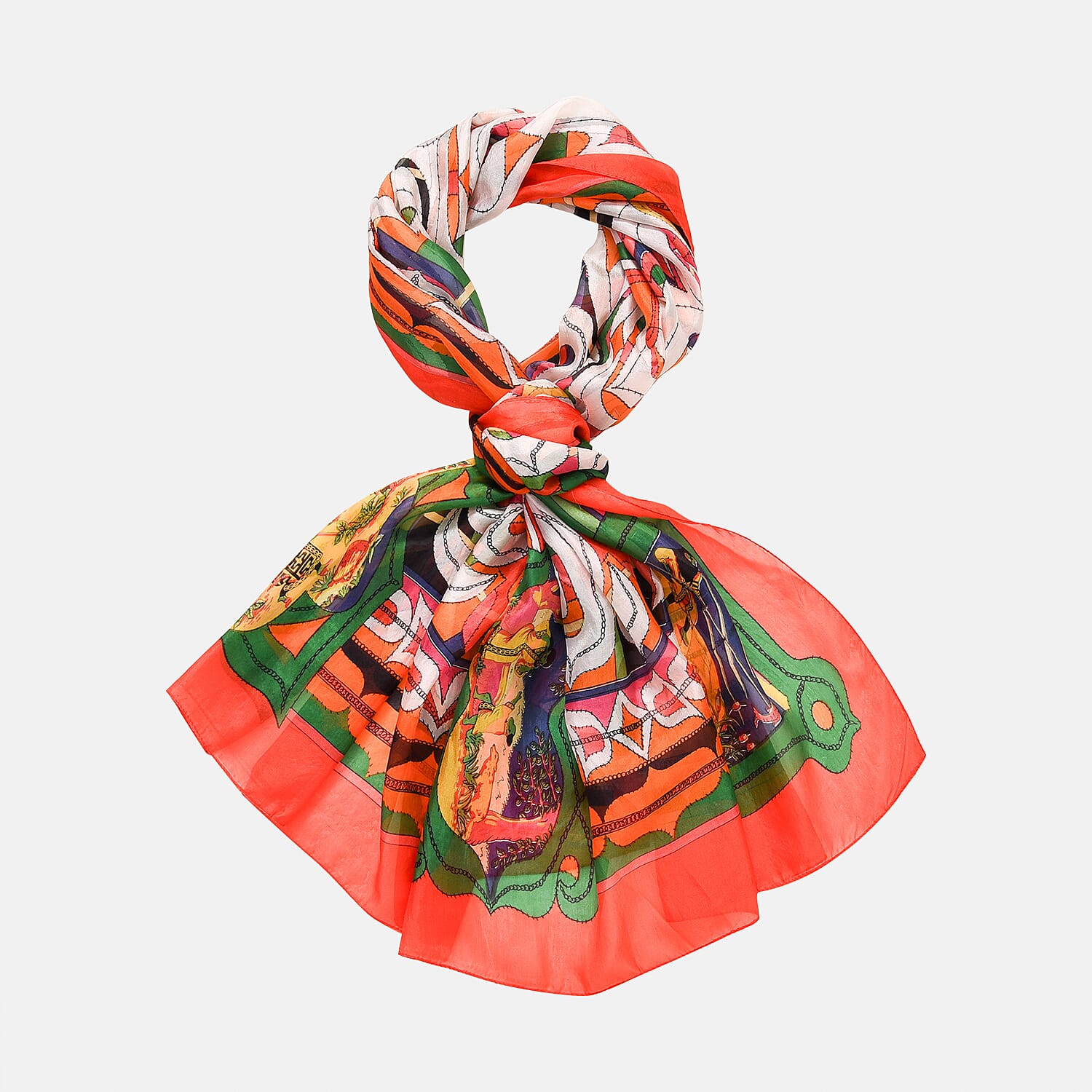 LA MAREY Intricate Colourful Pattern 100% Mulberry Silk Scarf (Size 180x110cm) - Red & Orange