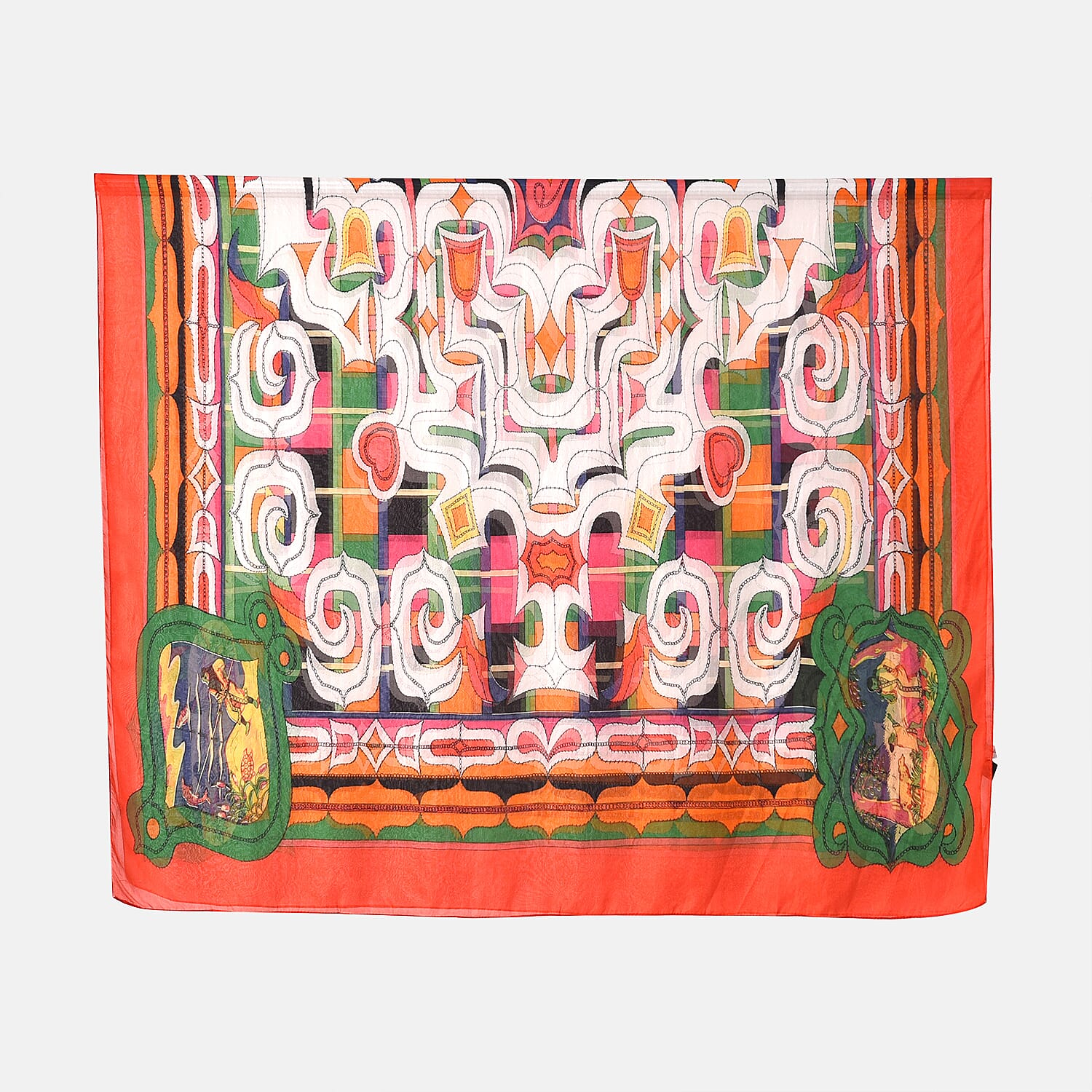 LA MAREY Intricate Colourful Pattern 100% Mulberry Silk Scarf (Size 180x110cm) - Red & Orange