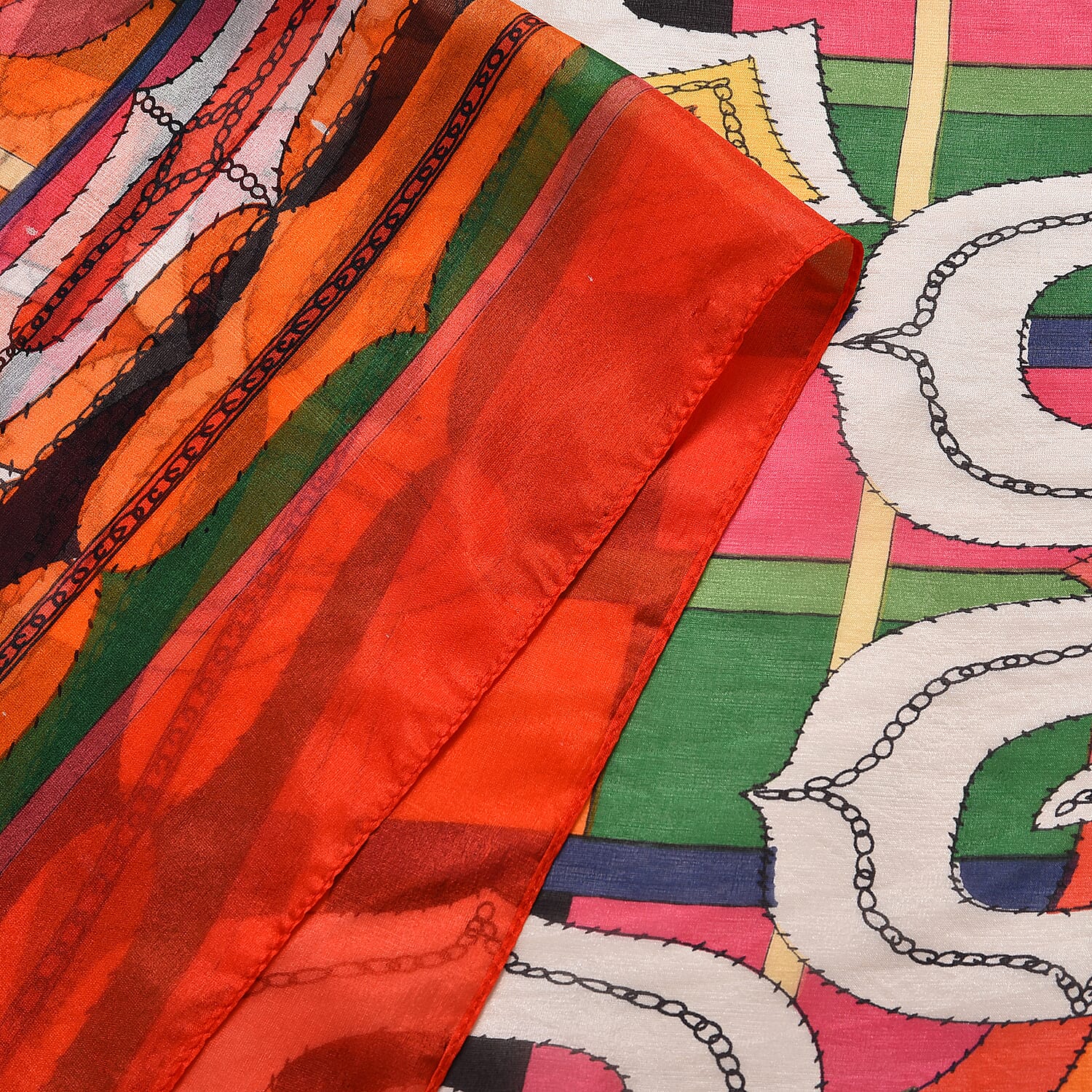 LA MAREY Intricate Colourful Pattern 100% Mulberry Silk Scarf (Size 180x110cm) - Red & Orange