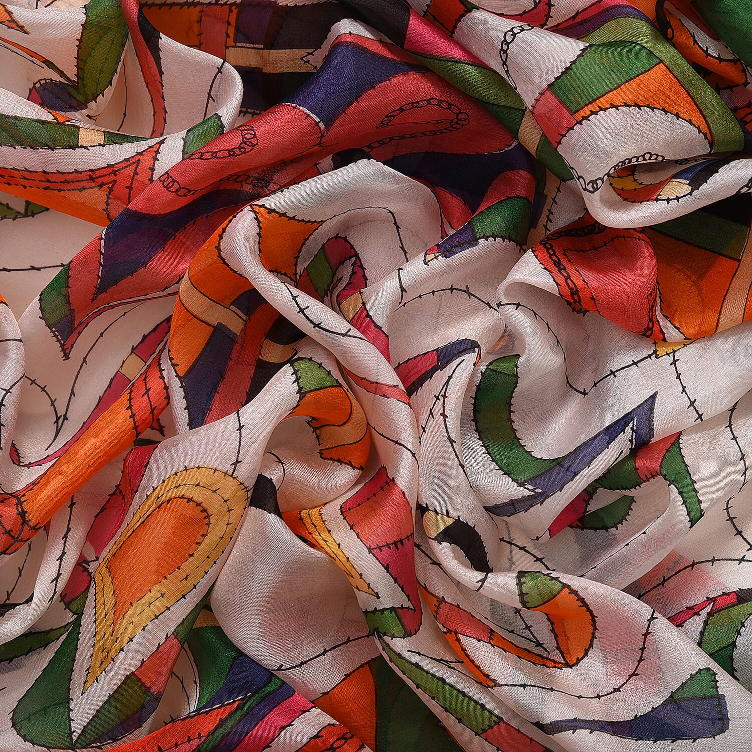 LA MAREY Intricate Colourful Pattern 100% Mulberry Silk Scarf (Size 180x110cm) - Red & Orange
