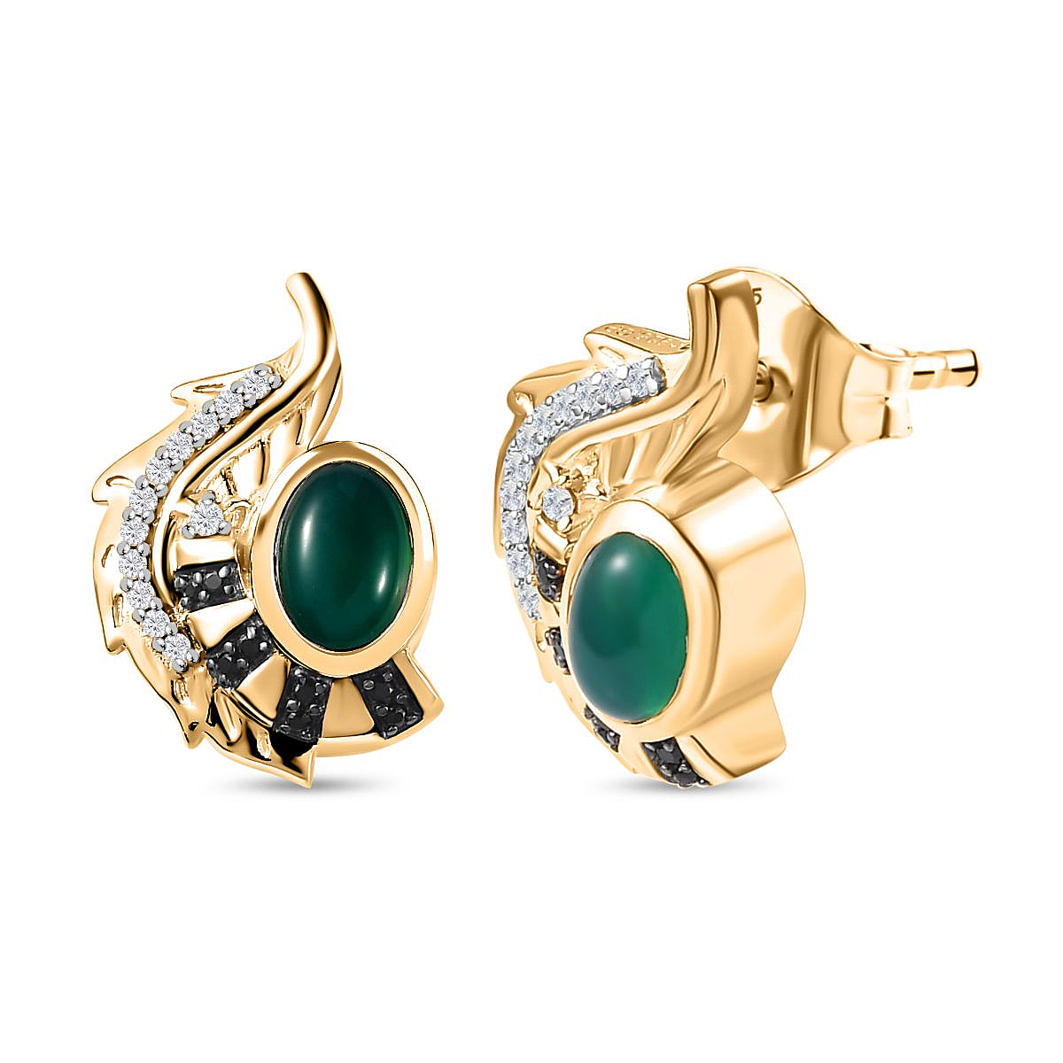 GP Italian Garden Collection - Green Onyx, Boi Ploi Black Spinel and Zircon Earrings in 18K Vermeil Yellow Gold Plated Sterling Silver 2.22 Ct, Silver Wt. 6.00 Gms