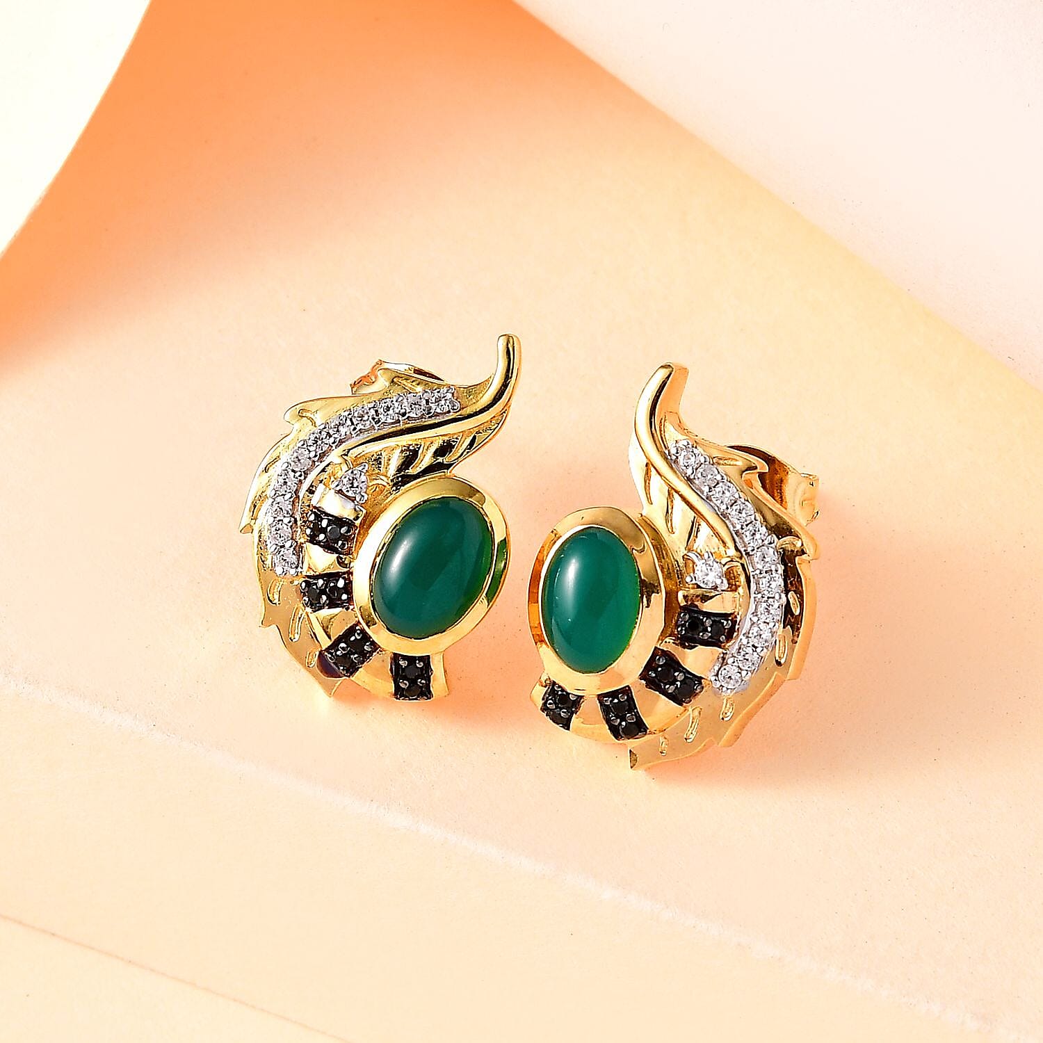 GP Italian Garden Collection - Green Onyx, Boi Ploi Black Spinel & Zircon Earrings in 18K Vermeil Yellow Gold Plated Sterling Silver 2.20 Ct, Silver Wt. 6.00 Gms.
