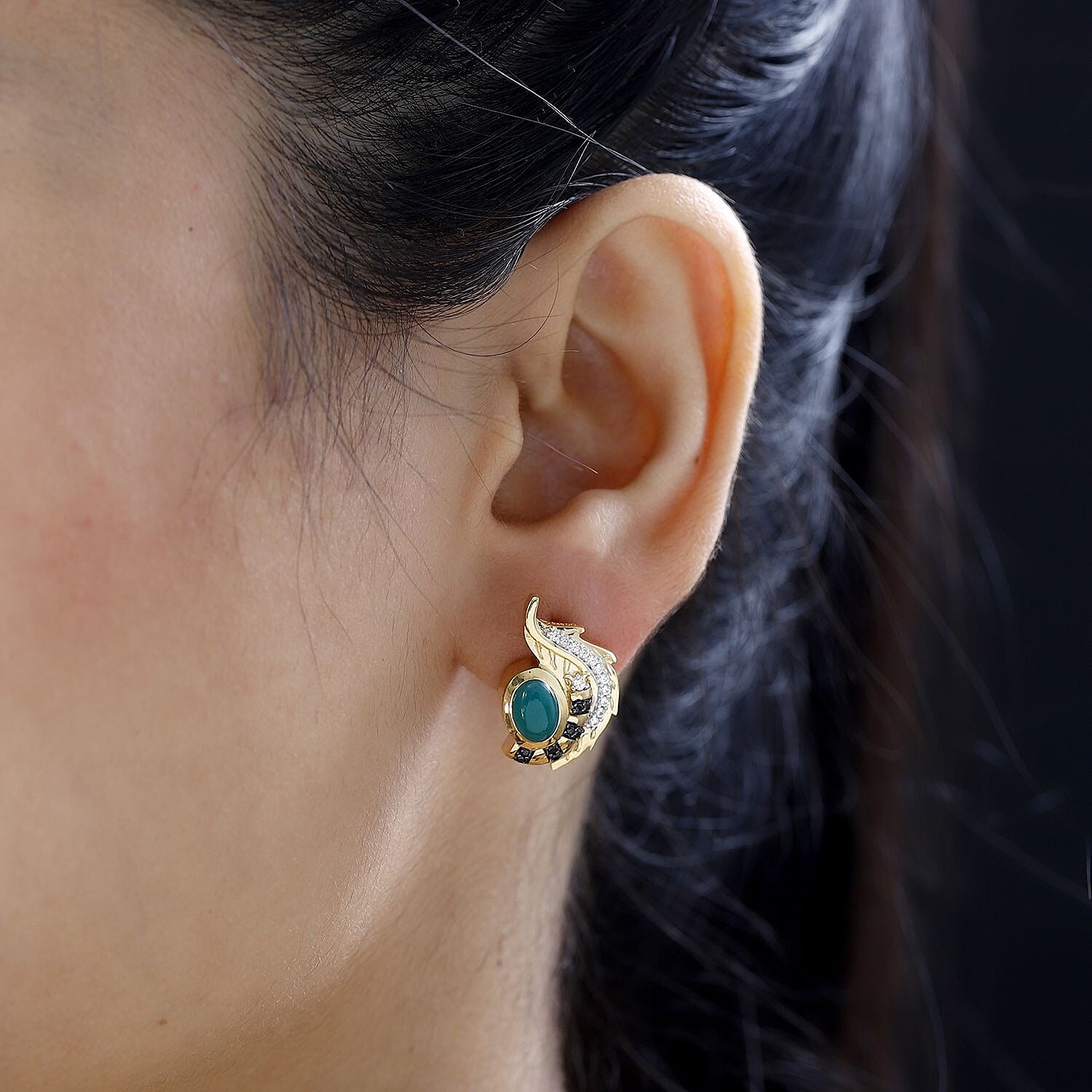 GP Italian Garden Collection - Green Onyx, Boi Ploi Black Spinel & Zircon Earrings in 18K Vermeil Yellow Gold Plated Sterling Silver 2.20 Ct, Silver Wt. 6.00 Gms.