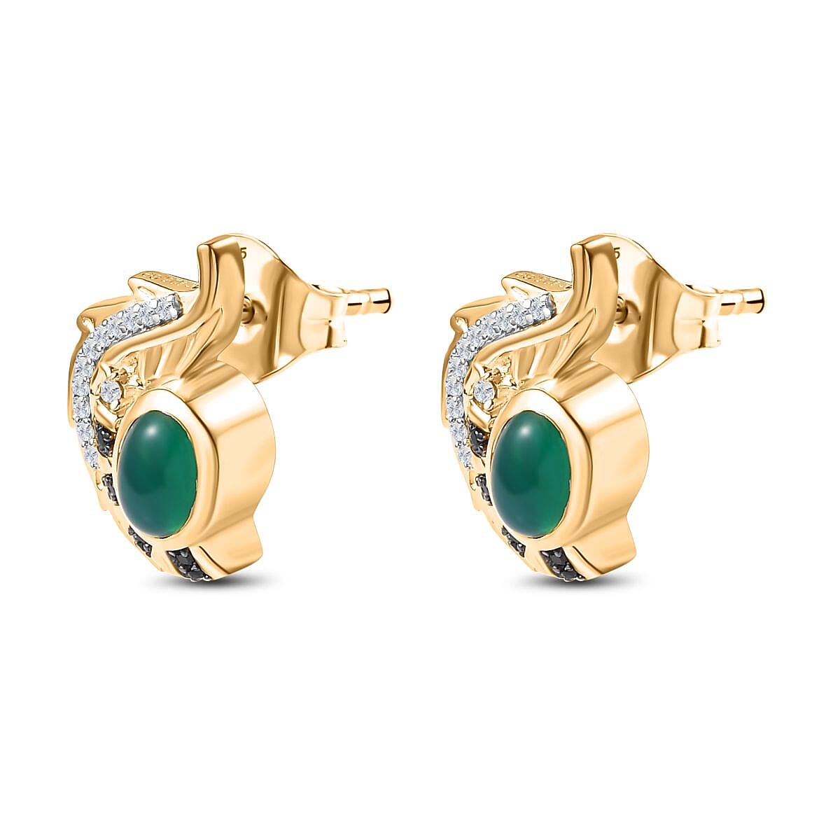 GP Italian Garden Collection - Green Onyx, Boi Ploi Black Spinel & Zircon Earrings in 18K Vermeil Yellow Gold Plated Sterling Silver 2.20 Ct, Silver Wt. 6.00 Gms.