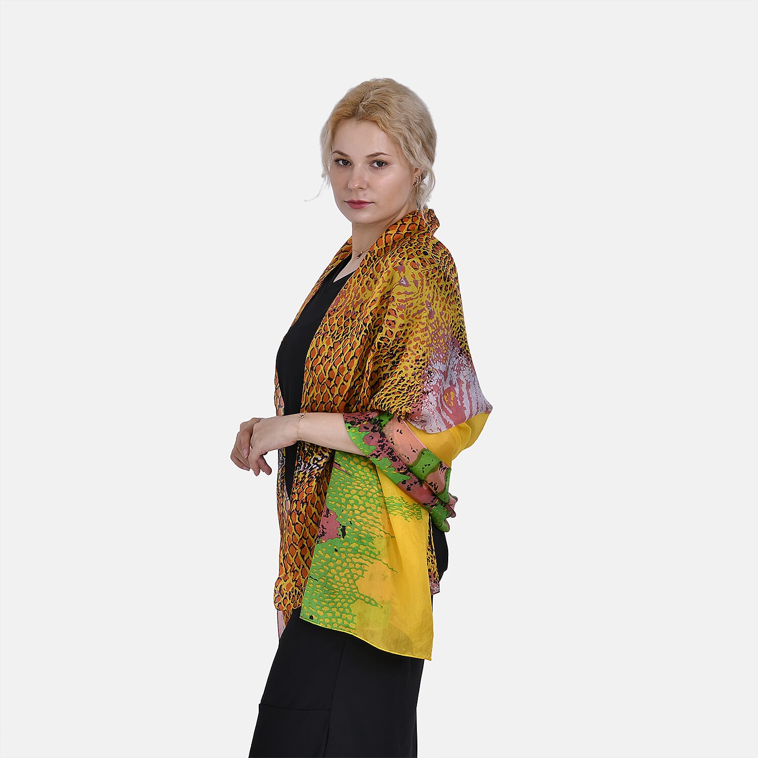 La Marey 100% Mulberry Silk Artistic Design Printed Scarf (Size 180x110 cm) - Yellow & Orange