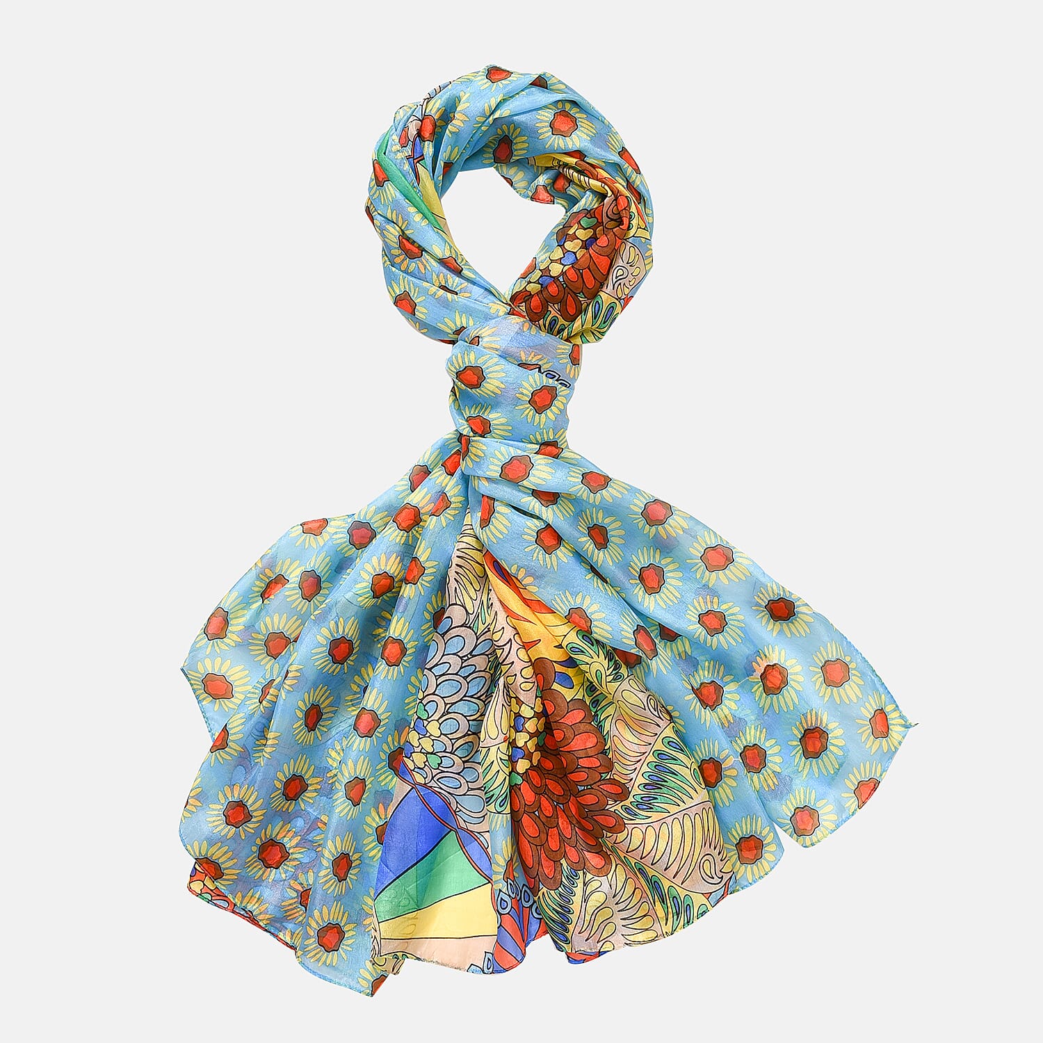 LA MAREY Daisy Pattern 100% Mulberry Silk Scarf (Size 180x110cm) - Green & Yellow