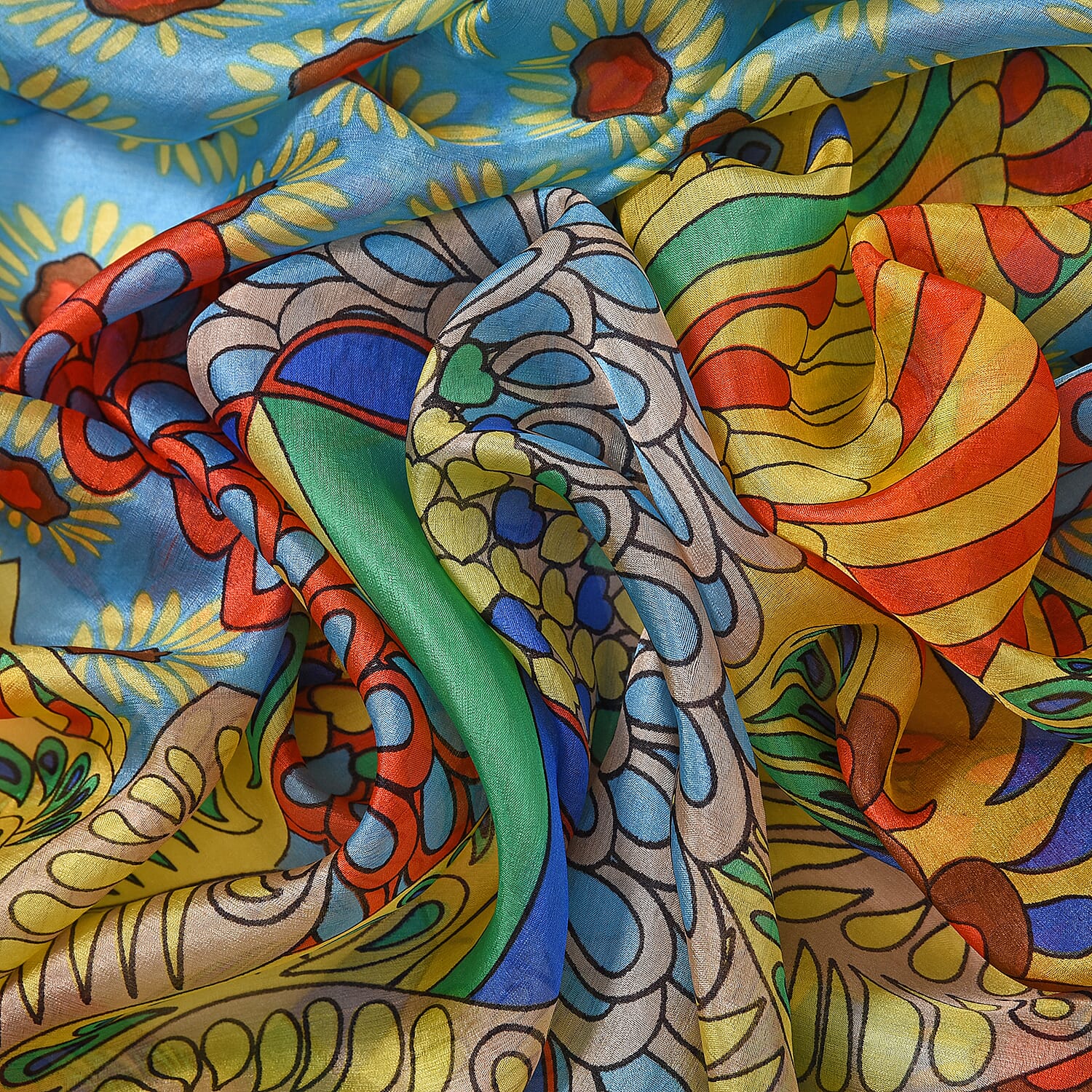 LA MAREY Daisy Pattern 100% Mulberry Silk Scarf (Size 180x110cm) - Green & Yellow