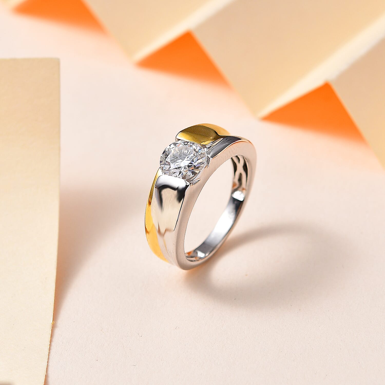 Closeout Deal - Moissanite Dual Tone Solitaire Ring Sterling Silver