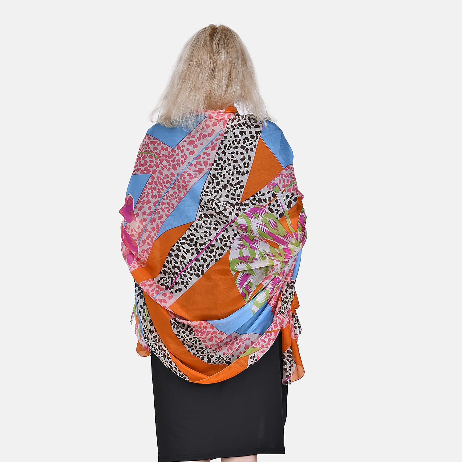 La Marey 100% Mulberry Silk Patchwork Printed Scarf (Size 180x110 cm) - Orange & Pink