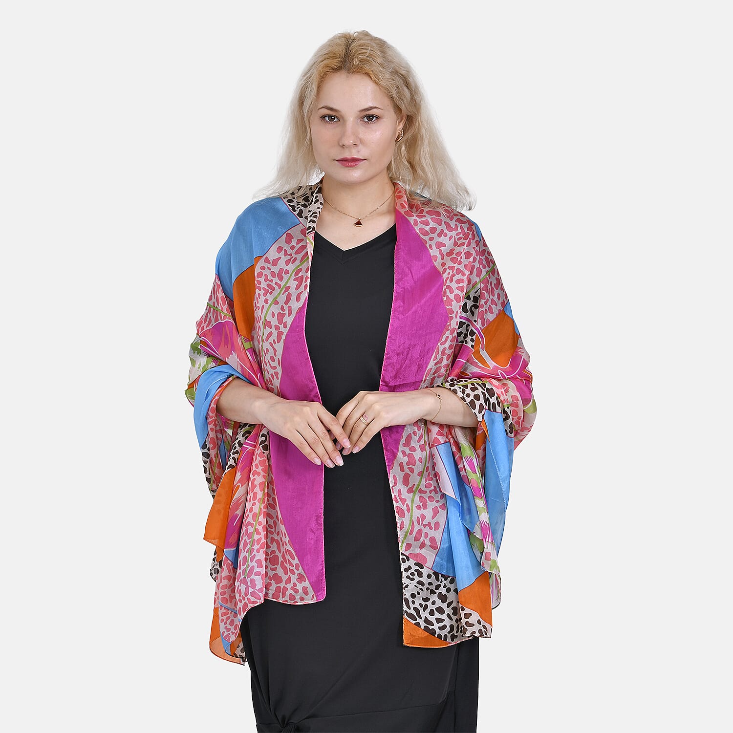 La Marey 100% Mulberry Silk Patchwork Printed Scarf (Size 180x110 cm) - Orange & Pink