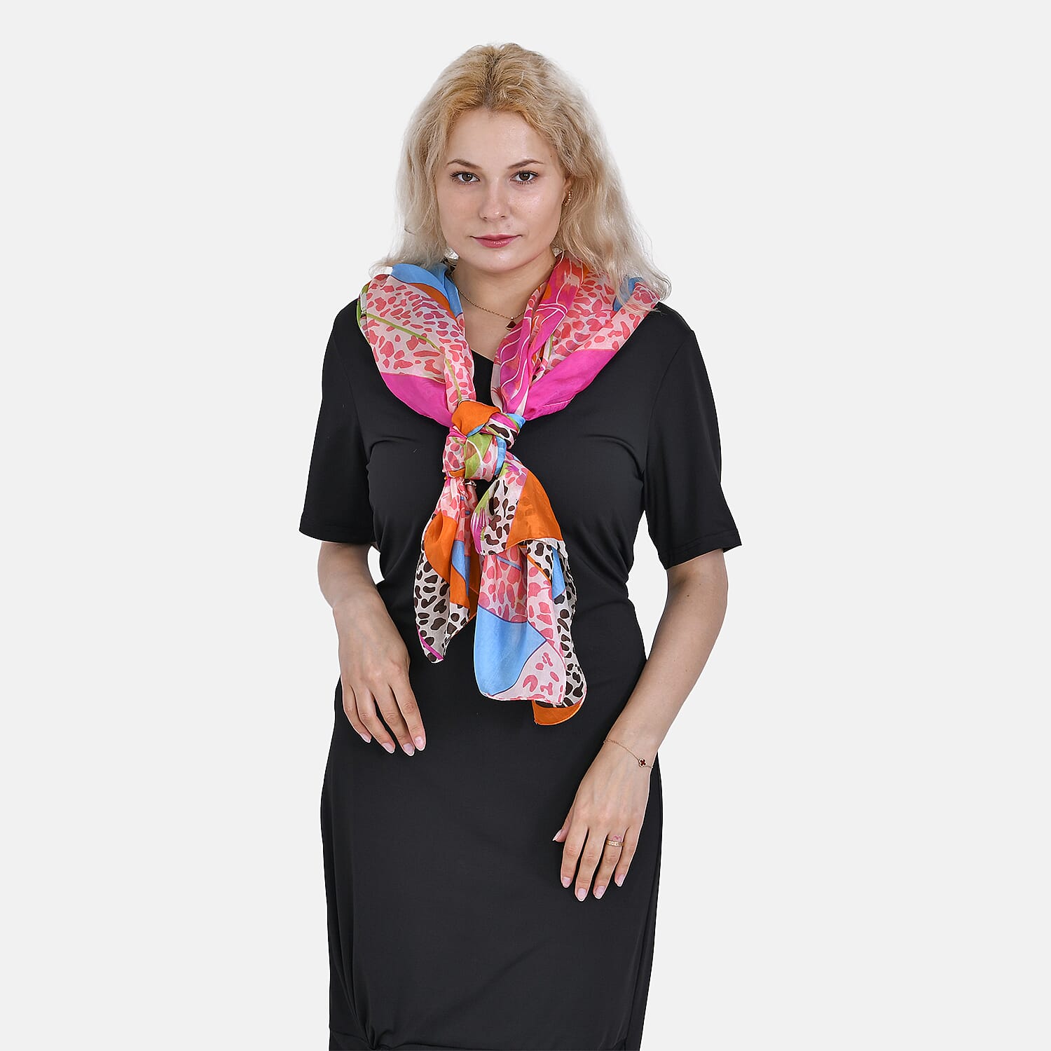 La Marey 100% Mulberry Silk Patchwork Printed Scarf (Size 180x110 cm) - Orange & Pink