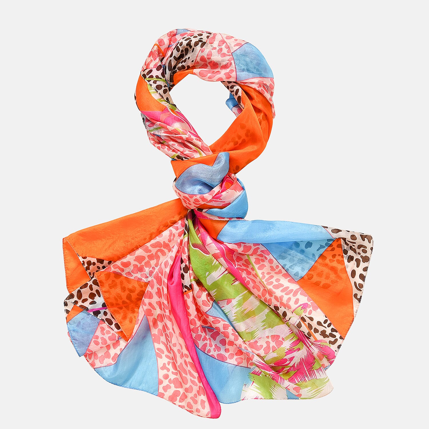 La Marey 100% Mulberry Silk Patchwork Printed Scarf (Size 180x110 cm) - Orange & Pink
