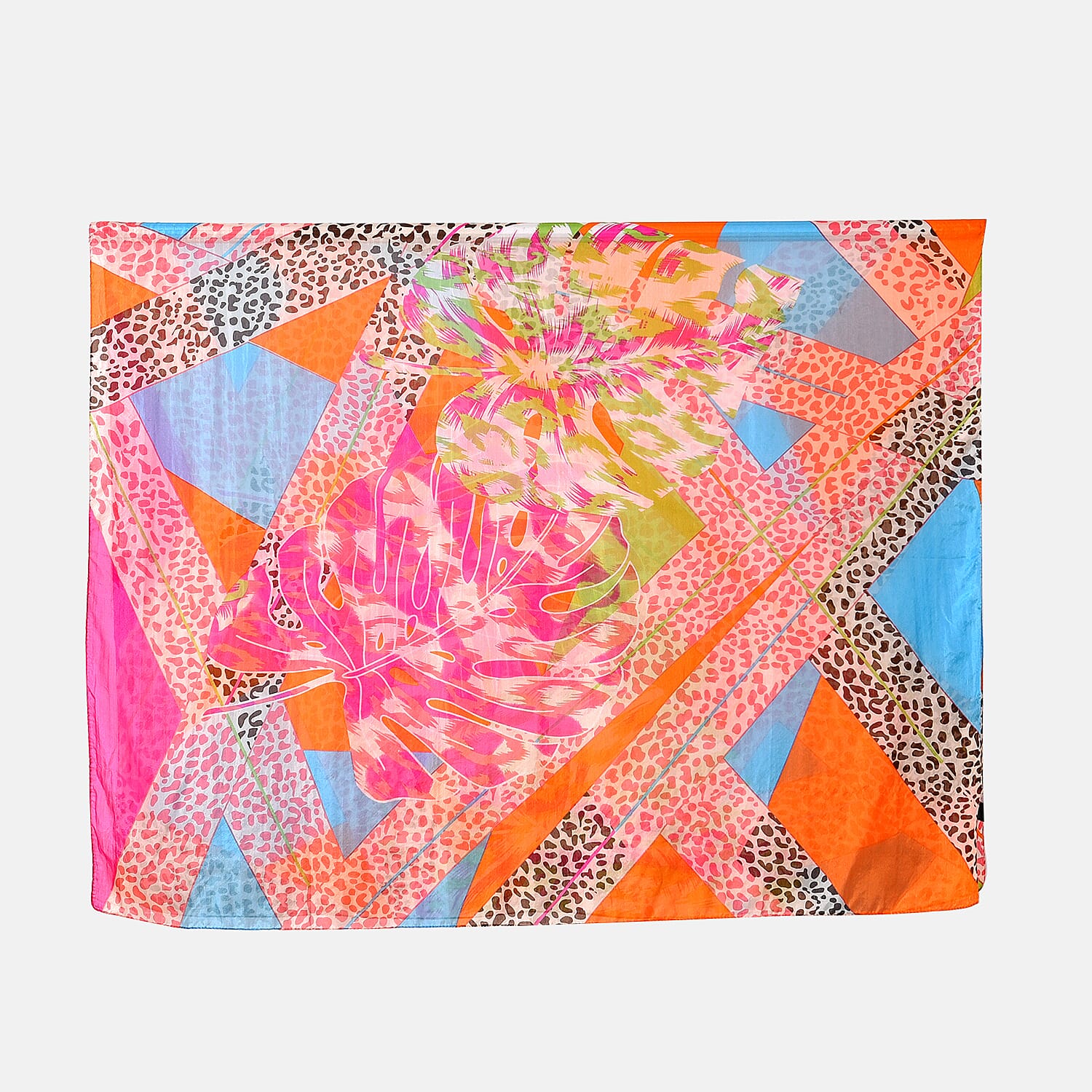La Marey 100% Mulberry Silk Patchwork Printed Scarf (Size 180x110 cm) - Orange & Pink
