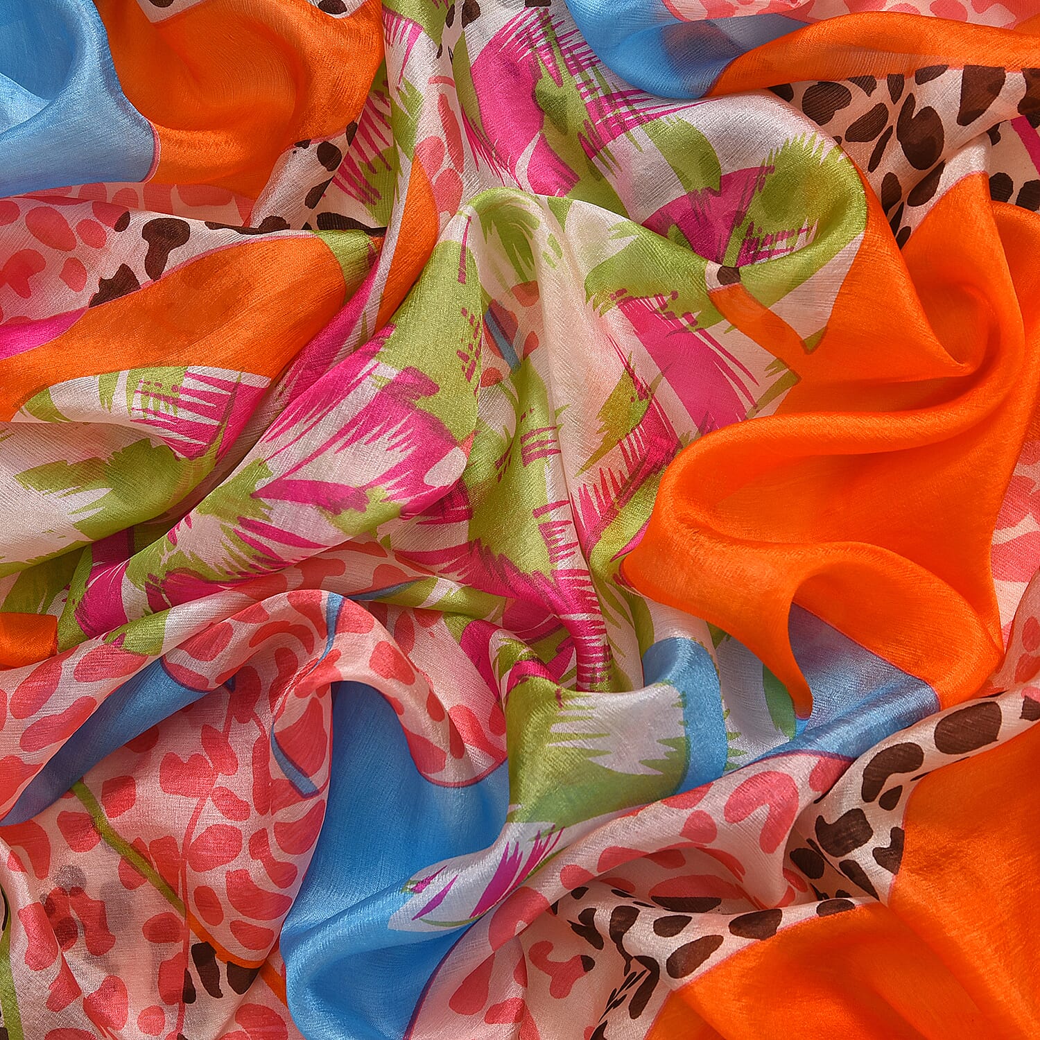La Marey 100% Mulberry Silk Patchwork Printed Scarf (Size 180x110 cm) - Orange & Pink