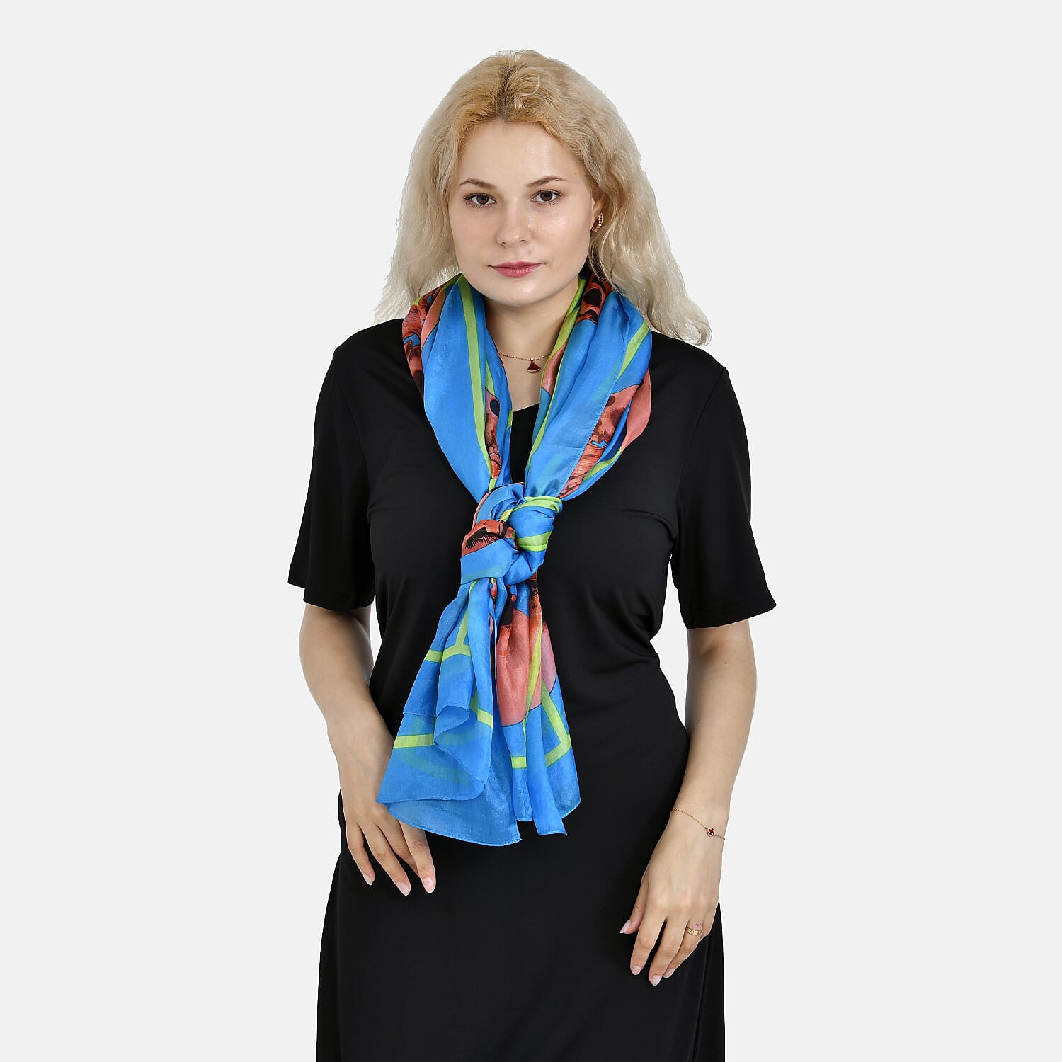 La Marey 100% Mulberry Silk Skull Design Printed Scarf (Size 180x110 cm) - Red - Blue