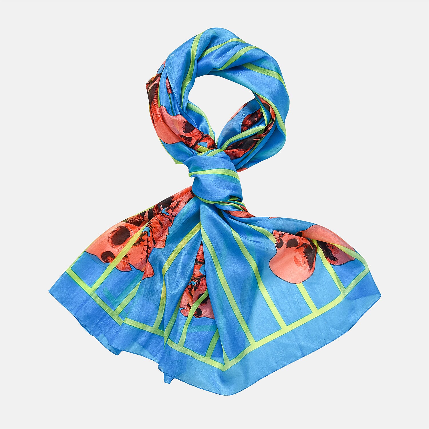 La Marey 100% Mulberry Silk Skull Design Printed Scarf (Size 180x110 cm) - Red - Blue