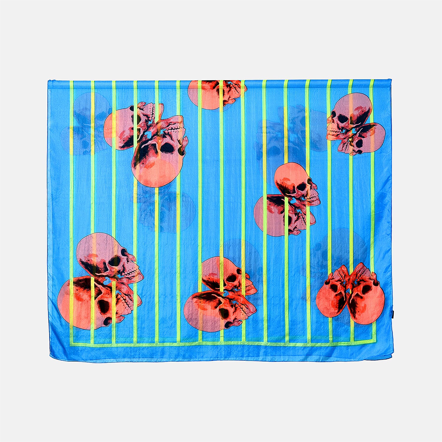 La Marey 100% Mulberry Silk Skull Design Printed Scarf (Size 180x110 cm) - Red - Blue