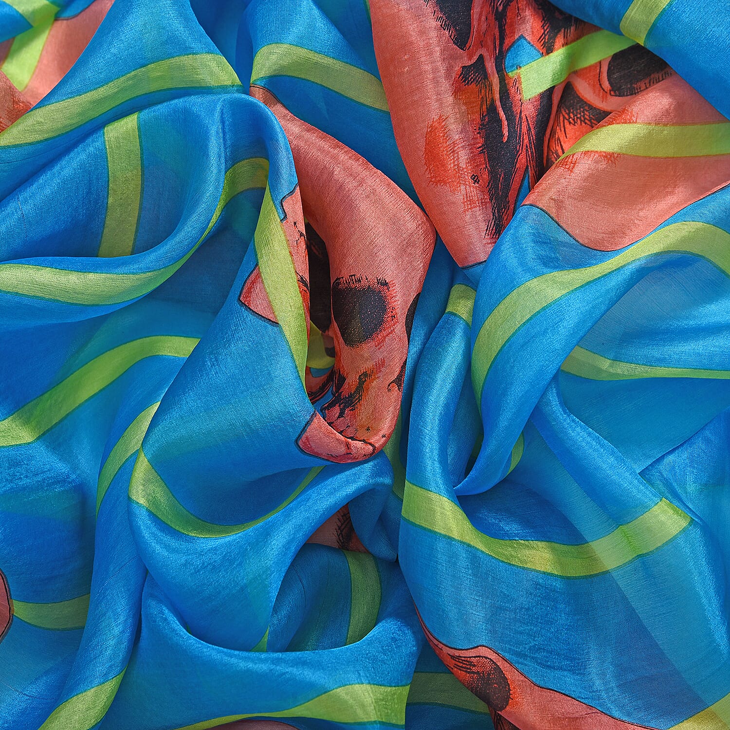 La Marey 100% Mulberry Silk Skull Design Printed Scarf (Size 180x110 cm) - Red - Blue