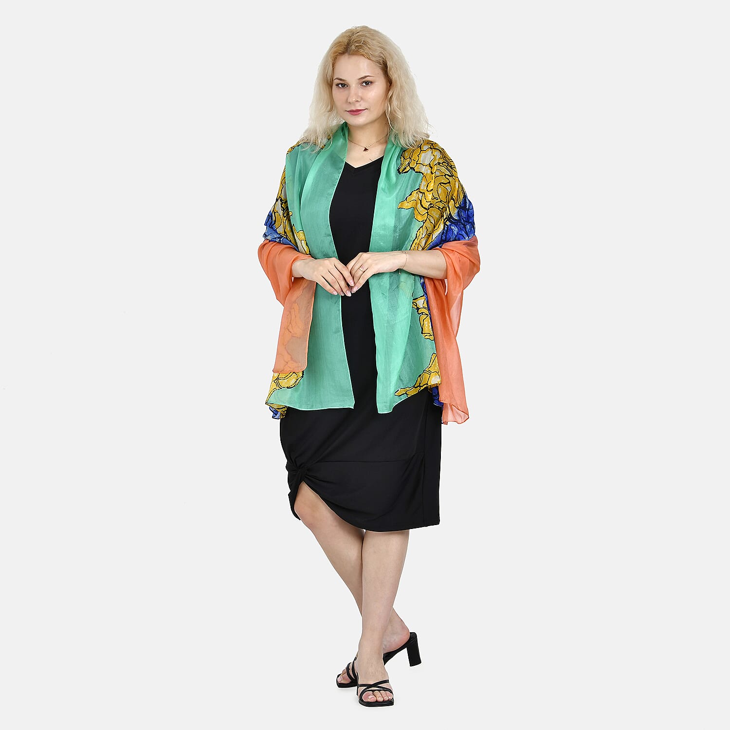 LA MAREY Colourful Pattern 100% Mulberry Silk Scarf (Size 180x110cm) - Green & Blue