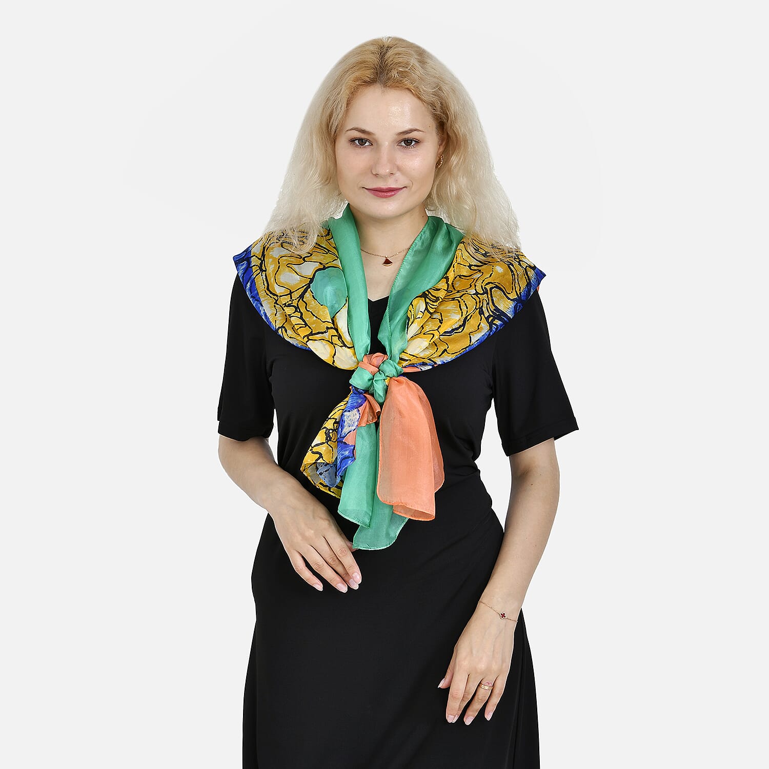 LA MAREY Colourful Pattern 100% Mulberry Silk Scarf (Size 180x110cm) - Green & Blue