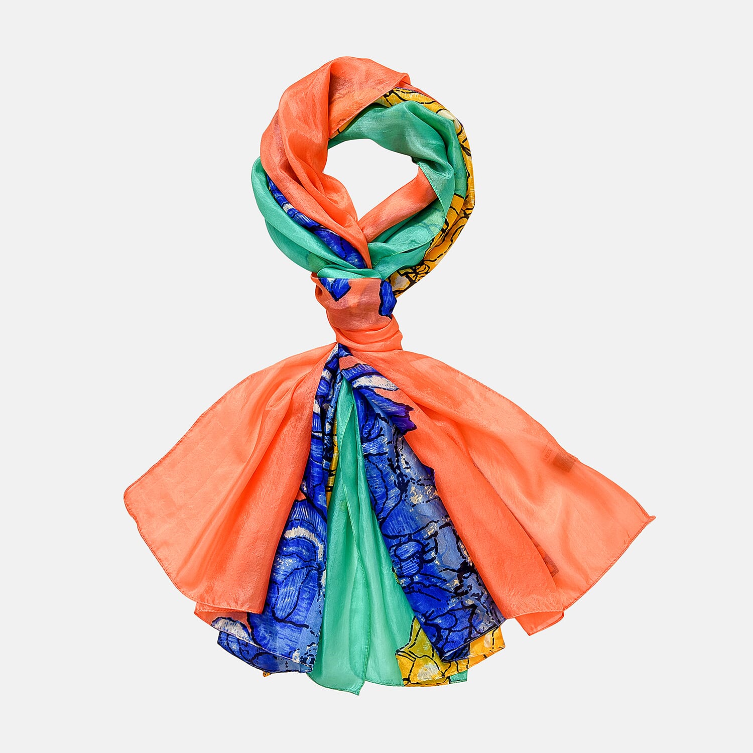 LA MAREY Colourful Pattern 100% Mulberry Silk Scarf (Size 180x110cm) - Green & Blue