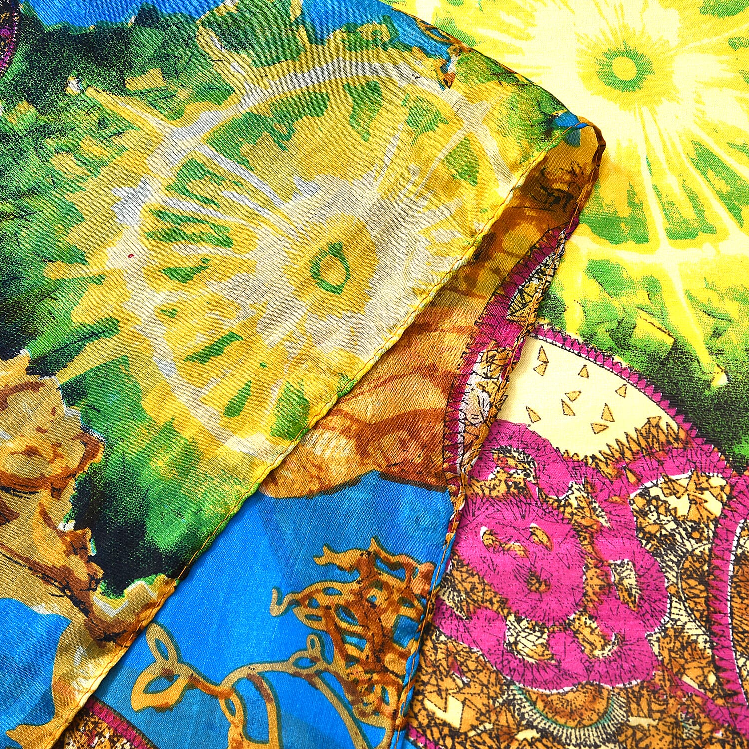 La Marey Whimsical Art Printed 100% Mulberry Silk Scarf (Size 180x110 cm) - Pink & Yellow