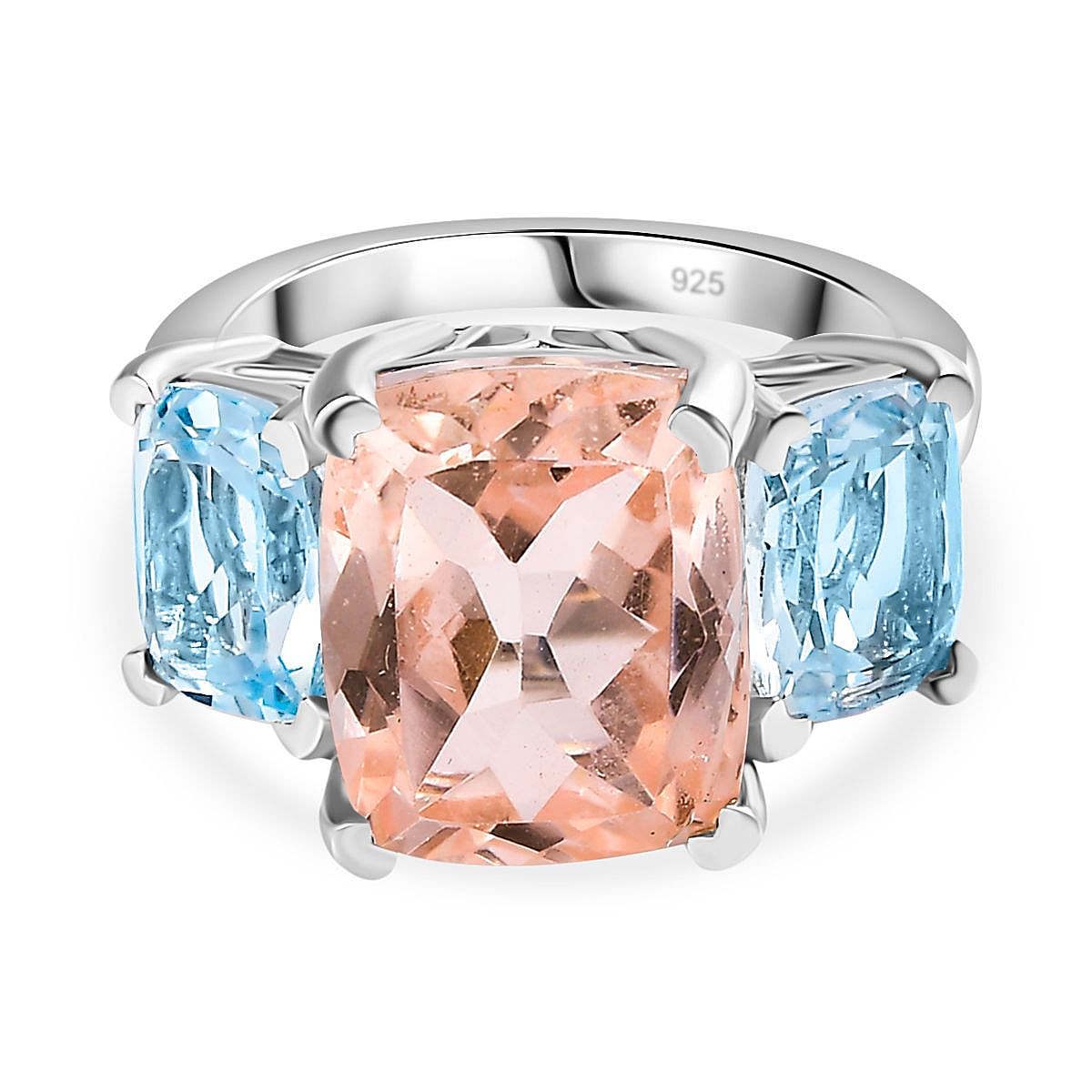 Morganite Color Quartz ,  Skyblue Topaz  3 Stone Ring in Platinum Overlay Sterling Silver 9.19 ct,  Silver Wt. 5 Gms  10.100  Ct.