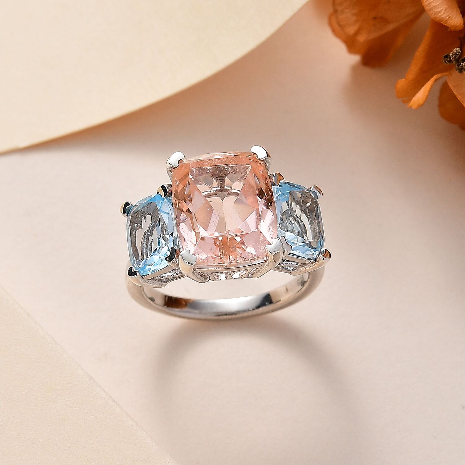 Morganite Color Quartz & Skyblue Topaz  3 Stone Ring in Platinum Overlay Sterling Silver 10.10 Ct