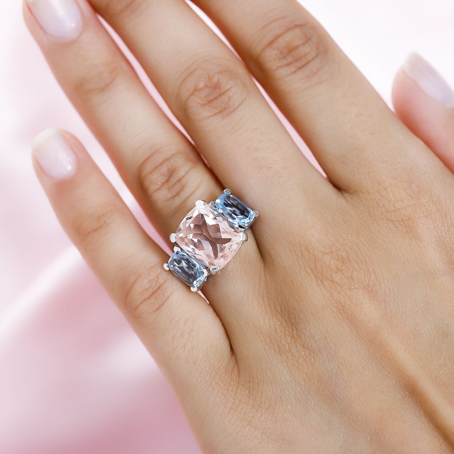 Morganite Color Quartz & Skyblue Topaz  3 Stone Ring in Platinum Overlay Sterling Silver 10.10 Ct