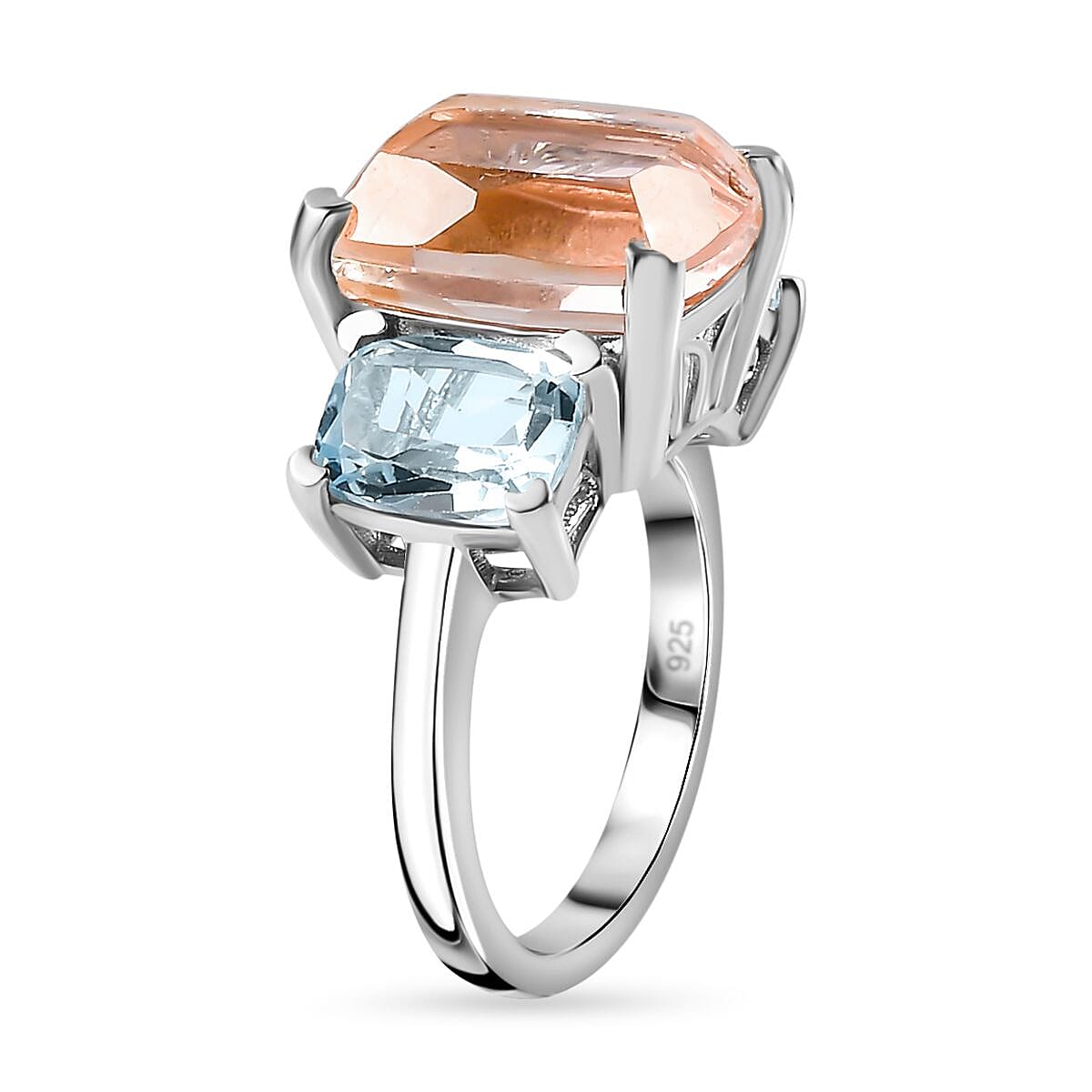 Morganite Color Quartz & Skyblue Topaz  3 Stone Ring in Platinum Overlay Sterling Silver 10.10 Ct