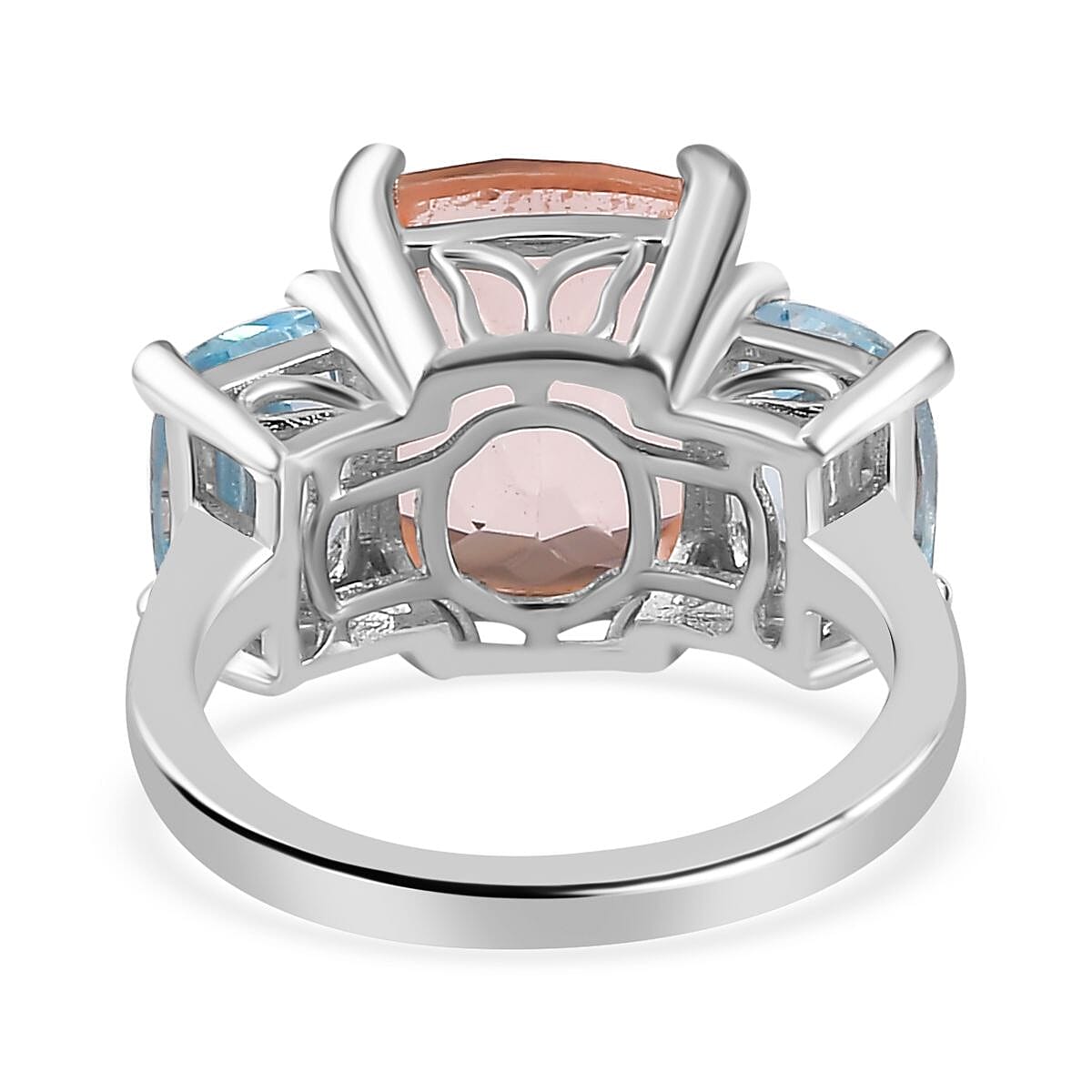 Morganite Color Quartz & Skyblue Topaz  3 Stone Ring in Platinum Overlay Sterling Silver 10.10 Ct