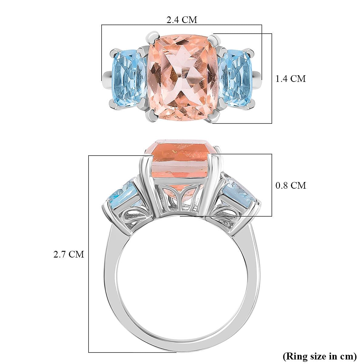 Morganite Color Quartz & Skyblue Topaz  3 Stone Ring in Platinum Overlay Sterling Silver 10.10 Ct