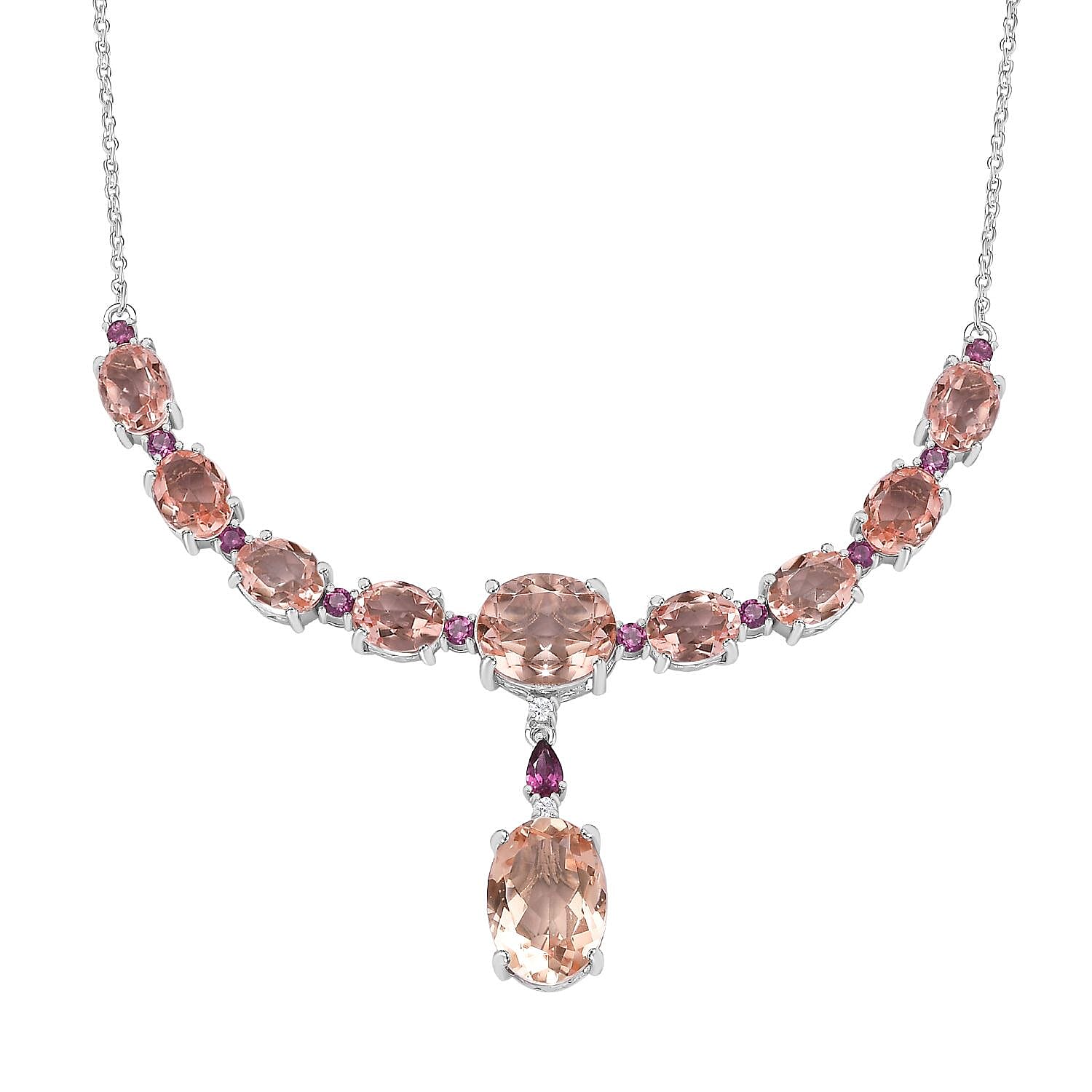 Morganite Colour Quartz, Natural Zircon & Lotus Garnet Necklace (Size - 20) in Platinum Overlay Sterling Silver 24.20 Ct.