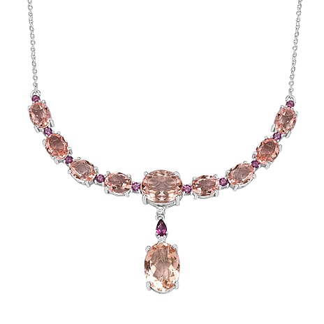 Morganite Colour Quartz, Natural Zircon & Lotus Garnet Necklace (Size - 20) in Platinum Overlay Sterling Silver, 24.20 Ct