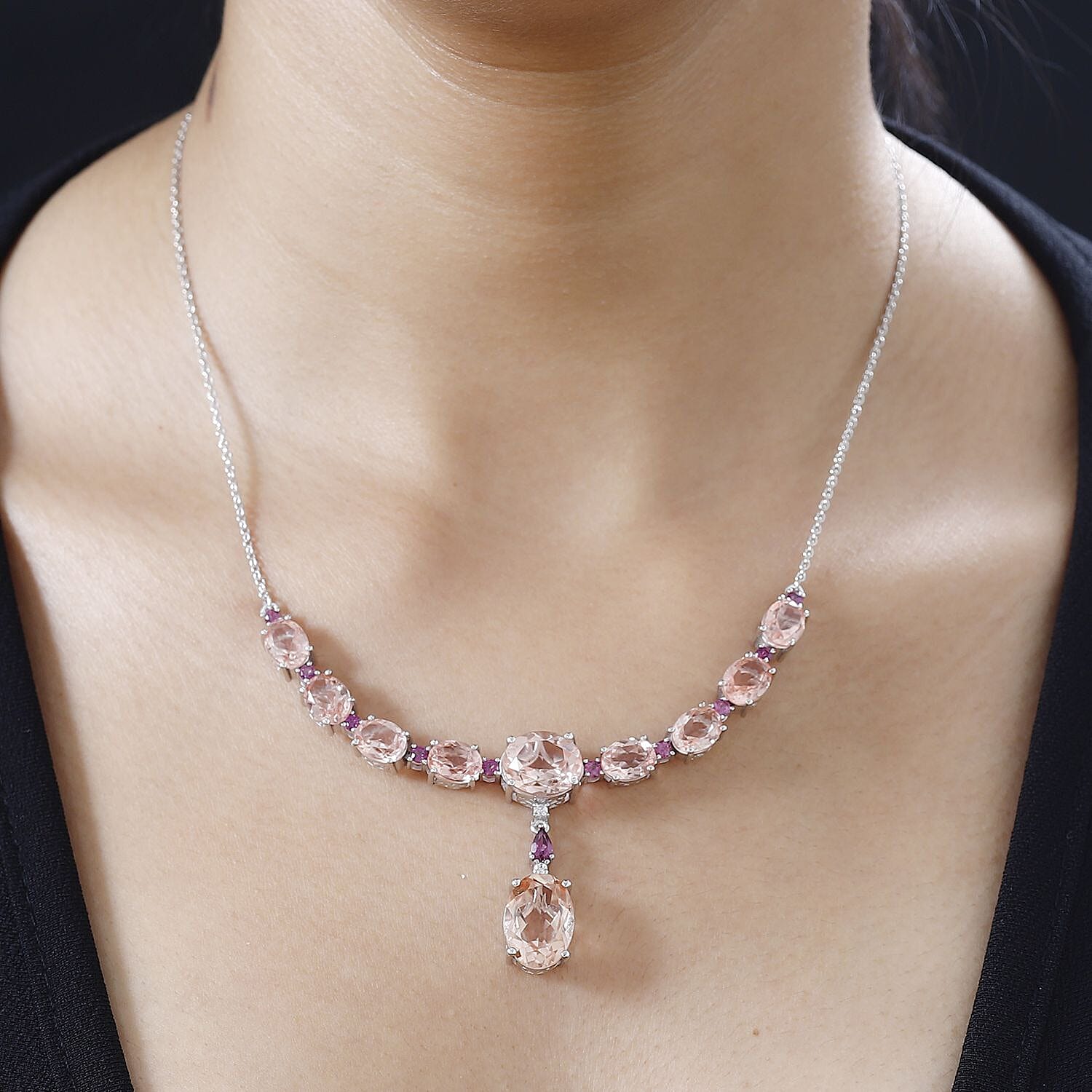 Morganite Colour Quartz, Natural Zircon & Lotus Garnet Necklace (Size - 20) in Platinum Overlay Sterling Silver 24.20 Ct.