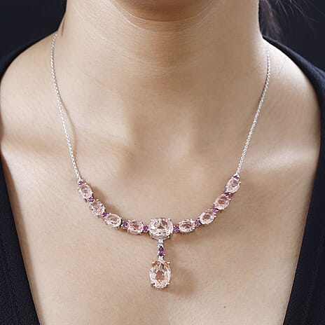 Morganite Colour Quartz, Natural Zircon & Lotus Garnet Necklace (Size - 20) in Platinum Overlay Sterling Silver, 24.20 Ct