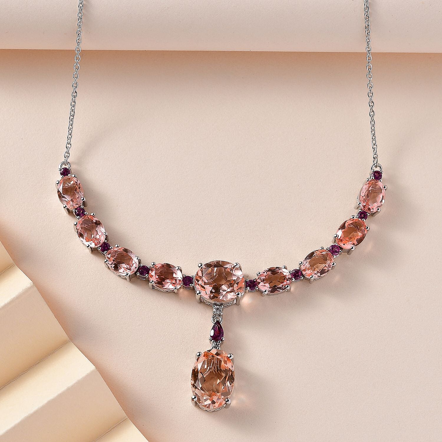 Morganite Colour Quartz, Natural Zircon & Lotus Garnet Necklace (Size - 20) in Platinum Overlay Sterling Silver 24.20 Ct.