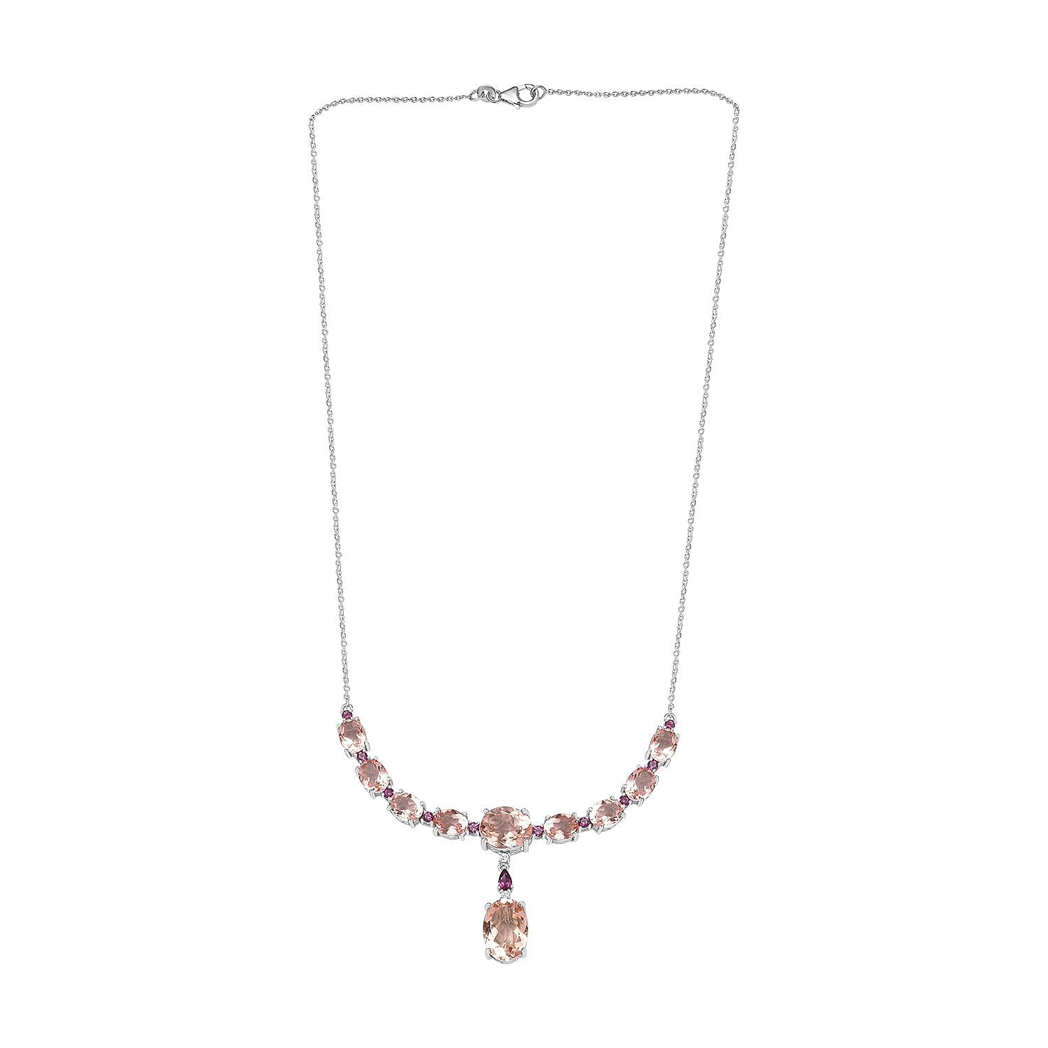 Morganite Colour Quartz, Natural Zircon & Lotus Garnet Necklace (Size - 20) in Platinum Overlay Sterling Silver 24.20 Ct.