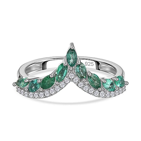 AAA Gemfields Emerald & Natural Zircon Wishbone Ring in Platinum Overlay Sterling Silver