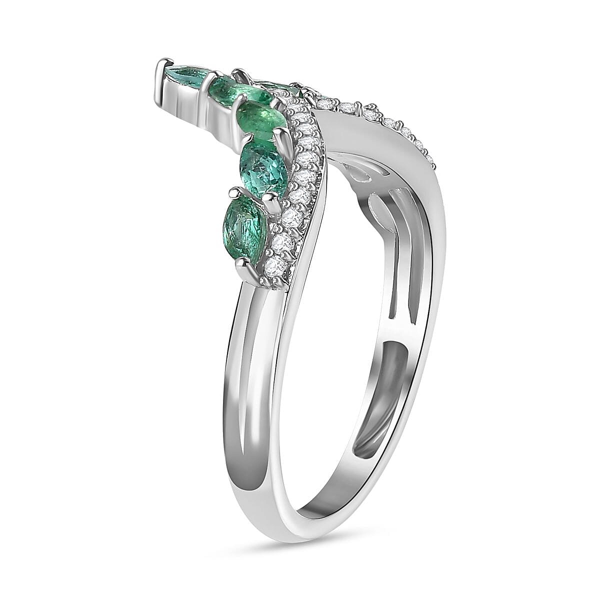 AAA Gemfields Emerald & Natural Zircon Wishbone Ring in Platinum Overlay Sterling Silver