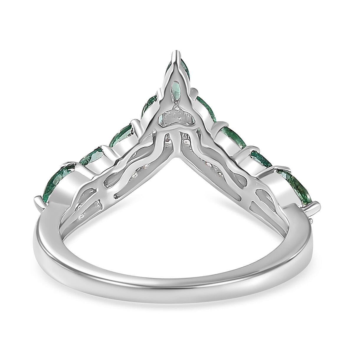AAA Gemfields Emerald & Natural Zircon Wishbone Ring in Platinum Overlay Sterling Silver