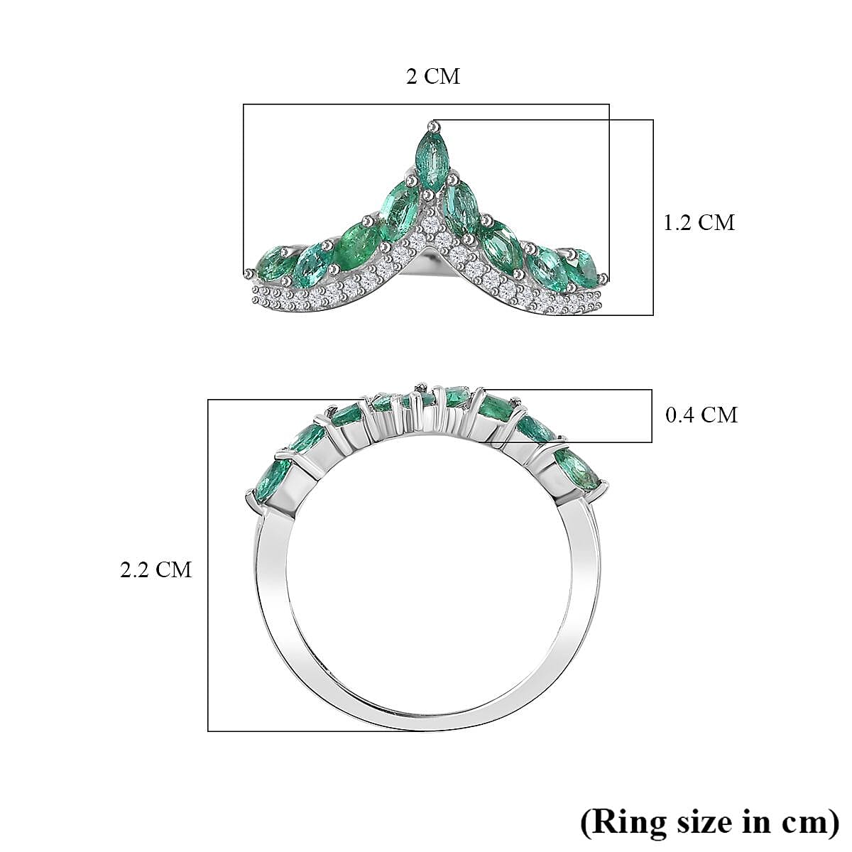 AAA Gemfields Emerald & Natural Zircon Wishbone Ring in Platinum Overlay Sterling Silver