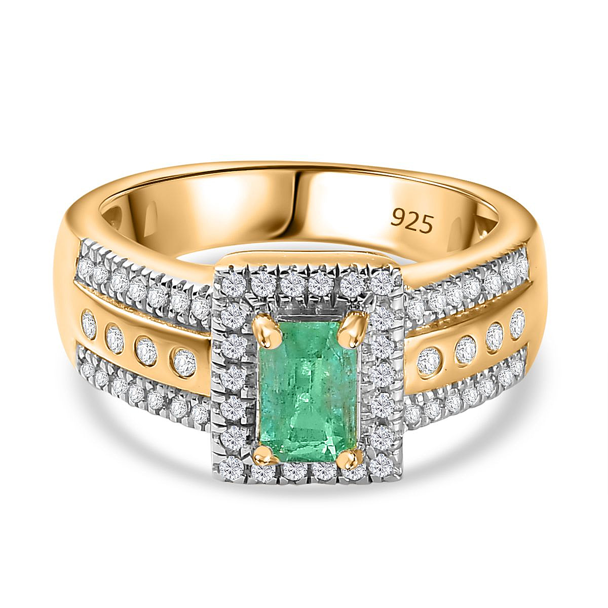Emerald, White Zircon Halo Ring in 18K Vermeil YG Plated Sterling Silver 1.82 ct, Silver